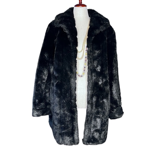 dennis basso Jackets & Blazers - DENNIS BASSO VINTAGE 90s Black Faux Fur Plush Mid-Length Coat Jacket SZ:L